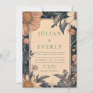 Moody Peach Floral Dark Navy Vintage Wedding Invitation