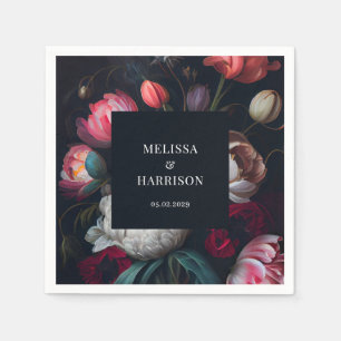 Moody Peony Painterly Floral Wedding Napkin