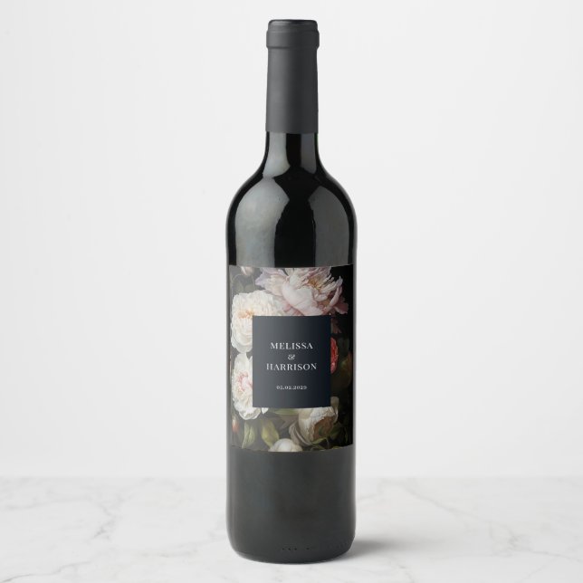 Moody Peony Painterly Floral Wedding  Wine Label (Front)
