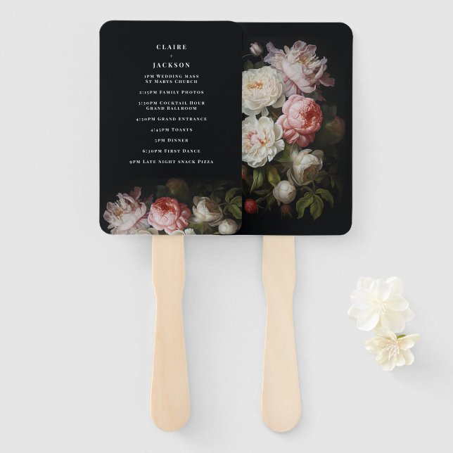 Moody Peony Rose Floral Hand Fan (Front and Back)