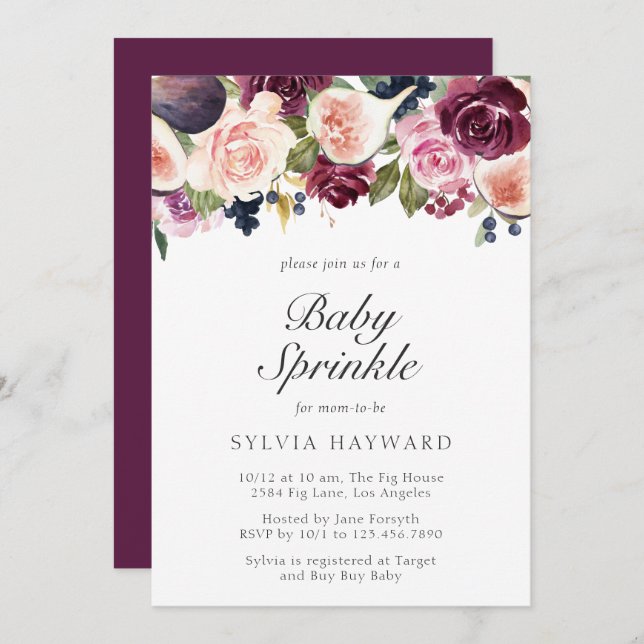 Moody Plum Floral and Fig Girl Baby Sprinkle Invitation (Front/Back)