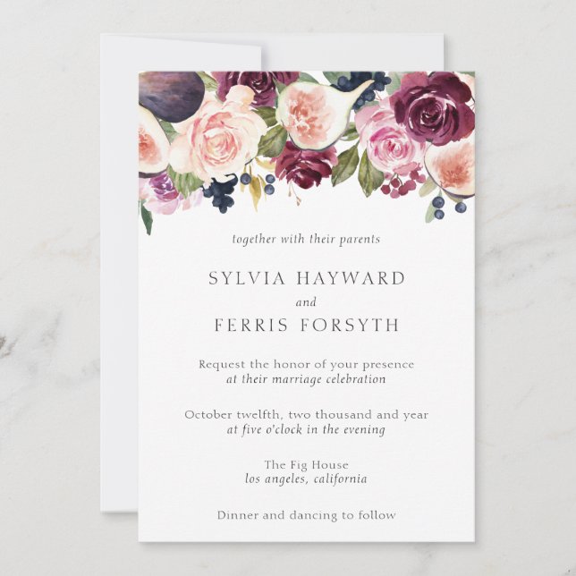 Moody Plum Floral and Fig Wedding Invitation (Front)