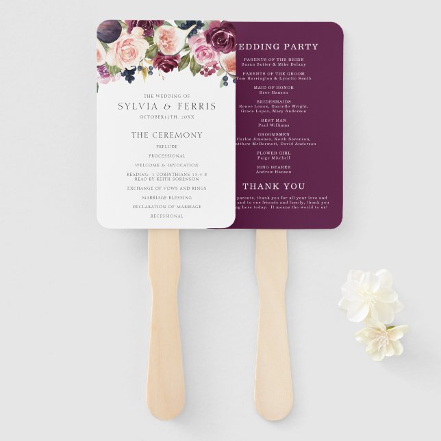 Moody Plum Floral and Fig Wedding Program Hand Fan (Front and Back)