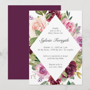 Moody Plum Floral Geometric Girl Baby Shower Invitation