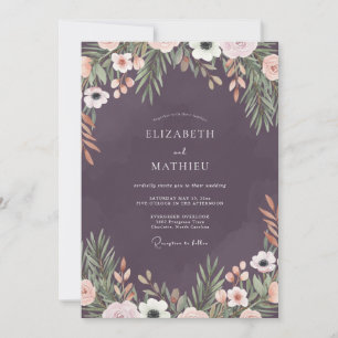 Moody Plum Foliage Dusty Eucalyptus Wedding Invitation