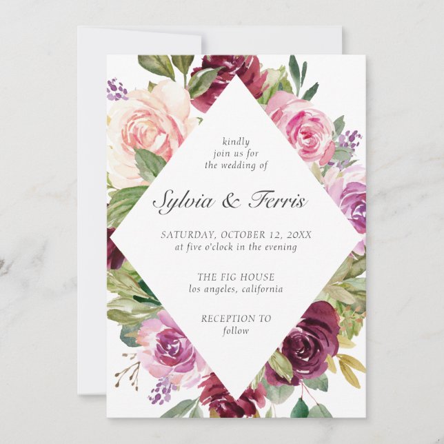 Moody Plum Geometric Floral Wedding Invitation (Front)
