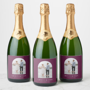 Moody Plum Modern Arch Photo Minimalist Wedding Sparkling Wine Label