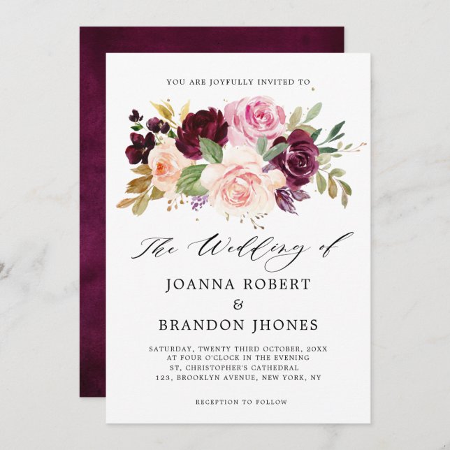 Moody Plum Purple Blush Pink Rose Floral Wedding Invitation (Front/Back)