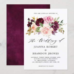 Moody Plum Purple Blush Pink Rose Floral Wedding Invitation