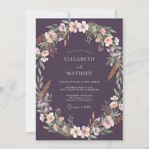 Moody Plum Wreath Wedding Invitation