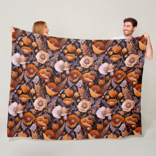 Moody poppies on black pattern fleece blanket