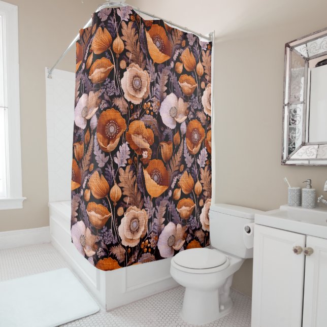 Moody poppies on black pattern shower curtain (In Situ)