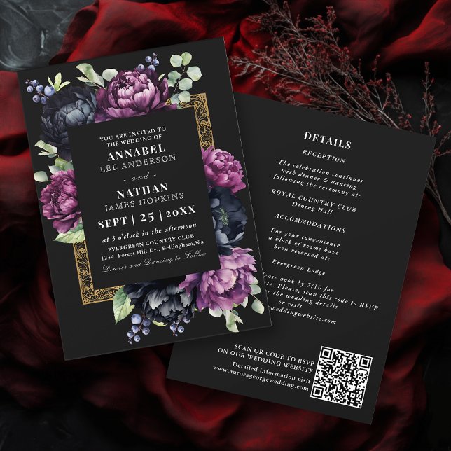 Moody Purple Black Elegant Floral Wedding QR Code Invitation (Creator Uploaded)