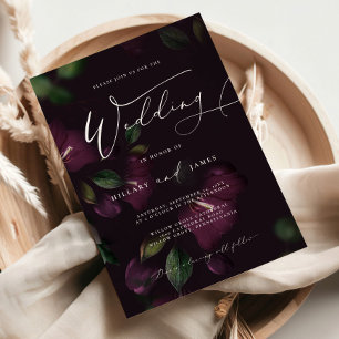 Moody Purple Bloom Calligraphy Wedding invitation 