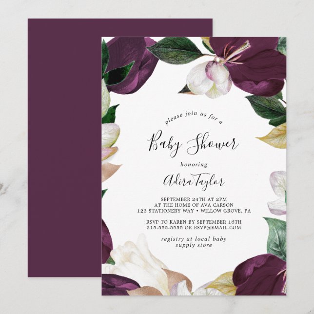 Moody Purple Blooms Baby Shower Invitation (Front/Back)