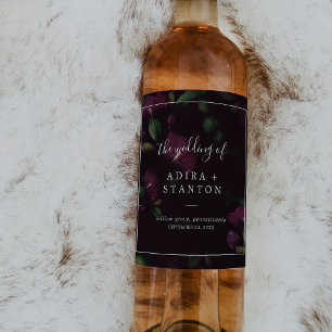 Moody Purple Blooms   Black Pattern Wedding Wine Label