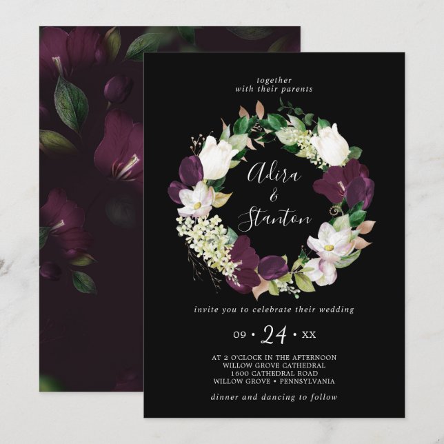 Moody Purple Blooms | Black Wreath Wedding Invitation (Front/Back)