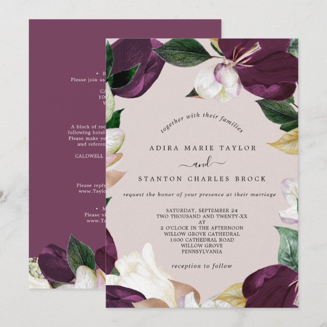 Moody Purple Blooms | Blush & Berry The Wedding Of Invitation (Front/Back)