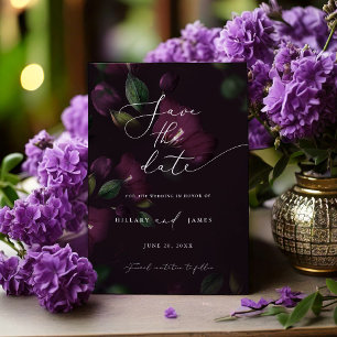 Moody Purple Blooms Calligraphy Save the date Invitation