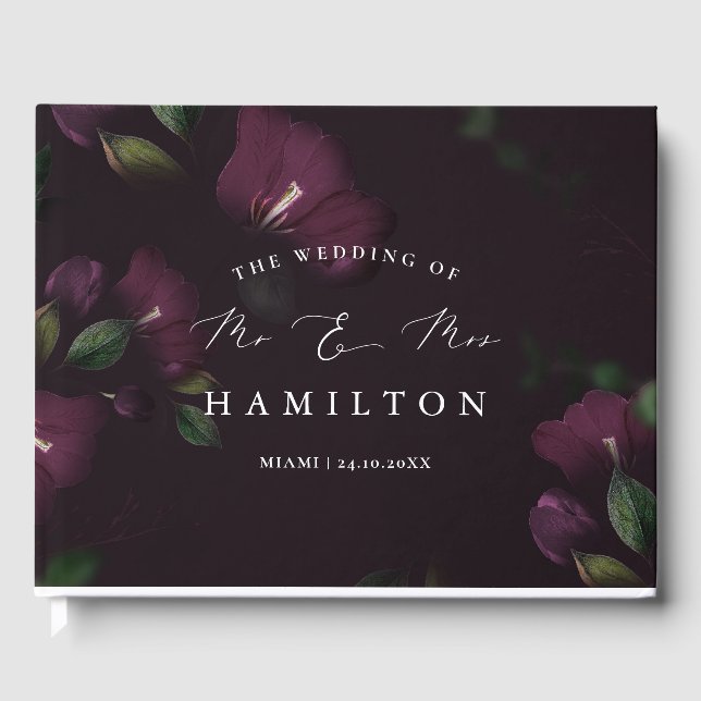 Moody Purple Blooms Calligraphy Wedding Guest Book (Front)