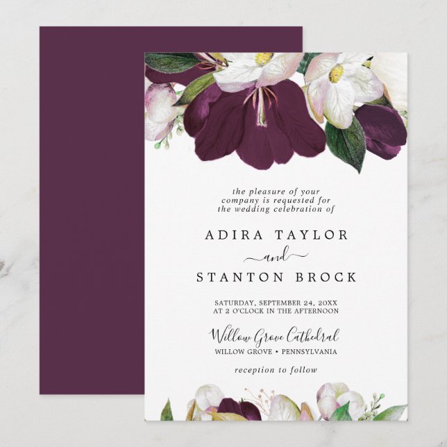 Moody Purple Blooms Formal Wedding Invitation (Front/Back)