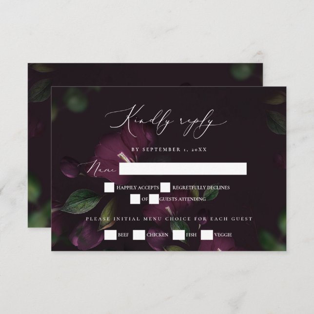 Moody Purple Blooms Gothic Wedding RSVP Card (Front/Back)