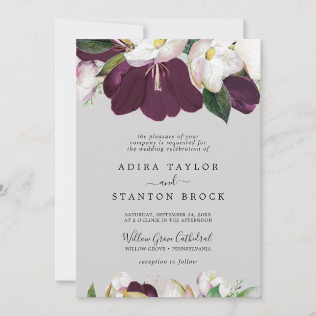 Moody Purple Blooms | Grey Formal Wedding Invitation (Front)