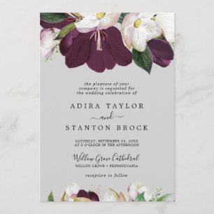 Moody Purple Blooms   Grey Formal Wedding Invitation
