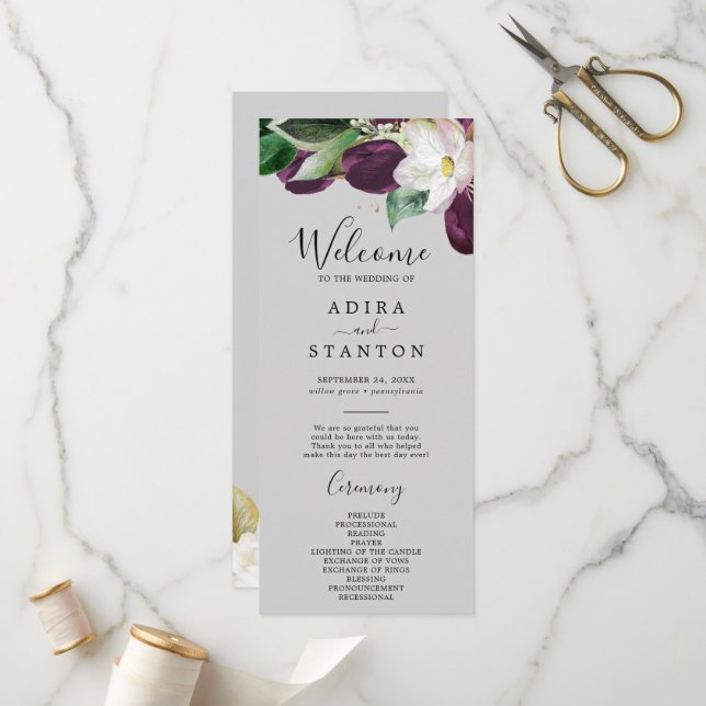 Moody Purple Blooms | Grey Wedding Program Programme (Front/Back In Situ)