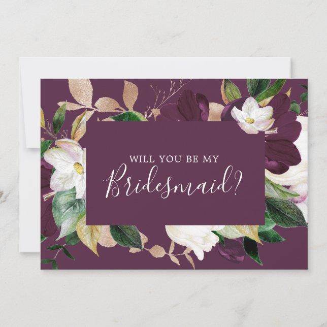 Moody Purple Blooms Plum Bridesmaid Proposal Card (Front)
