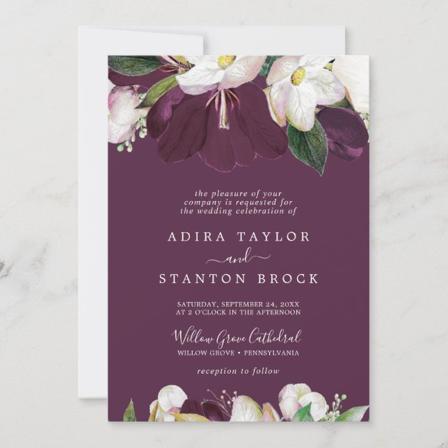 Moody Purple Blooms | Plum Formal Wedding Invitation (Front)