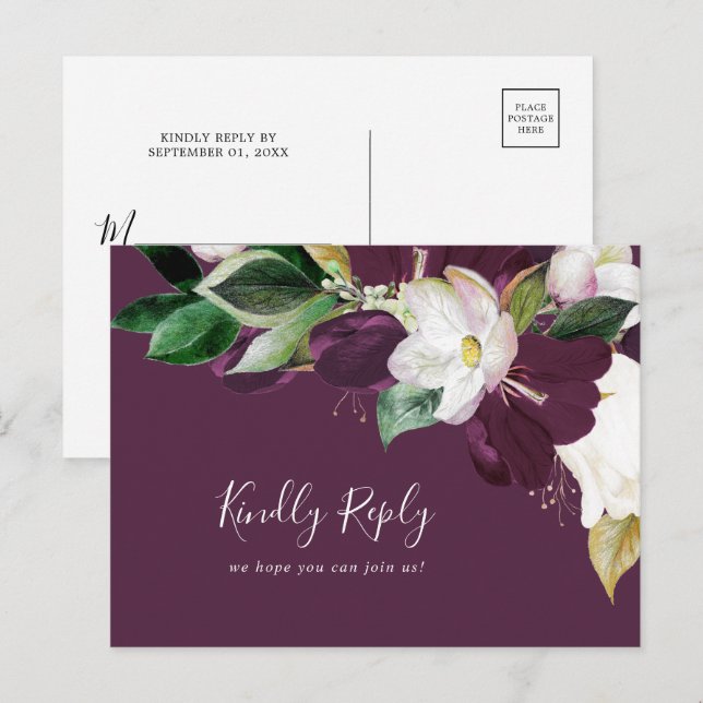 Moody Purple Blooms Plum Menu Choice RSVP Postcard (Front/Back)