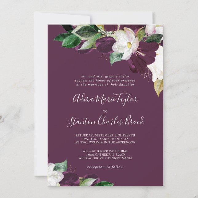 Moody Purple Blooms | Plum Traditional Wedding Invitation (Front)