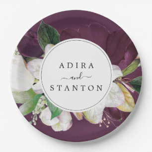 Moody Purple Blooms Plum Wedding Cake Paper Plate