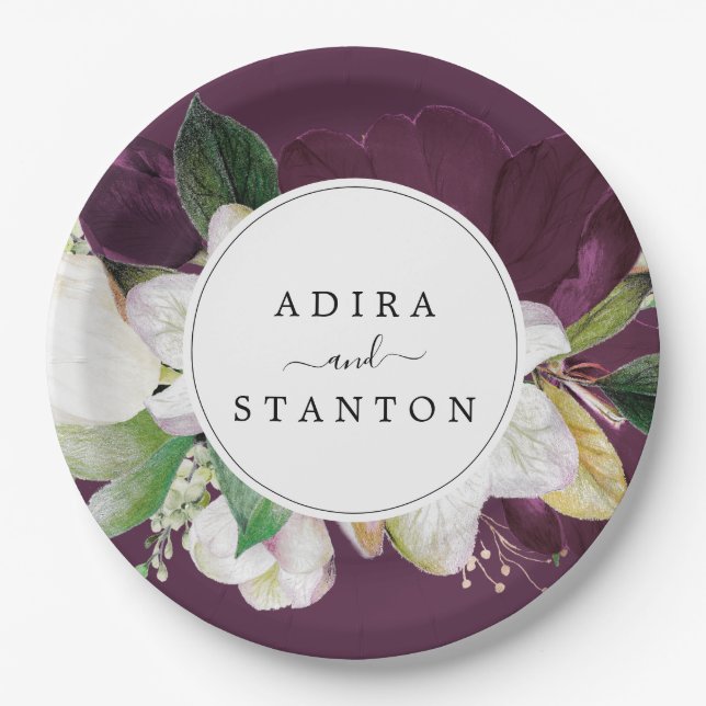 Moody Purple Blooms | Plum Wedding Cake Paper Plate (Front)