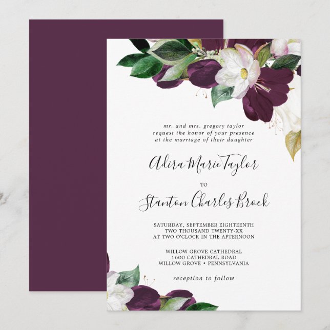 Moody Purple Blooms Traditional Wedding Invitation (Front/Back)