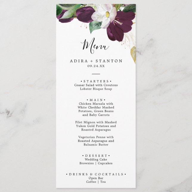 Moody Purple Blooms Wedding Dinner Menu (Front)