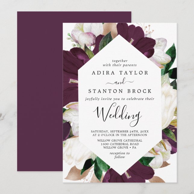 Moody Purple Blooms Wedding Invitation (Front/Back)