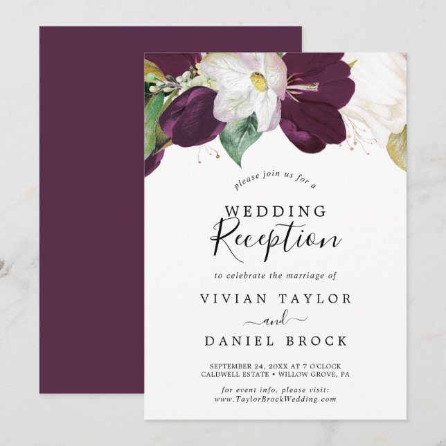 Moody Purple Blooms Wedding Reception Invitation (Front/Back)