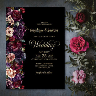 Moody Purple Burgundy Black Floral Wedding Invitation