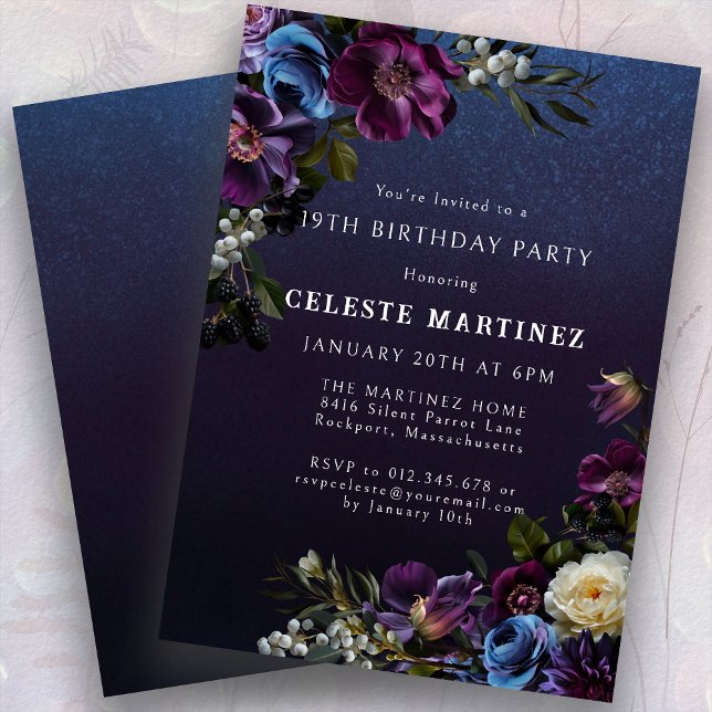 Moody Purple Flowers 19th Birthday Party Invitation (Creator Uploaded)
