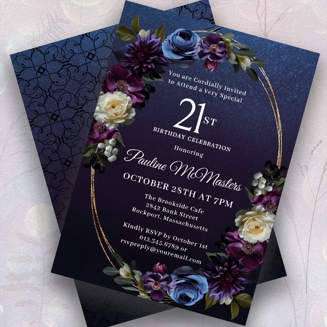 Moody Purple Flowers 21st Birthday Party Invitation (Creator Uploaded)