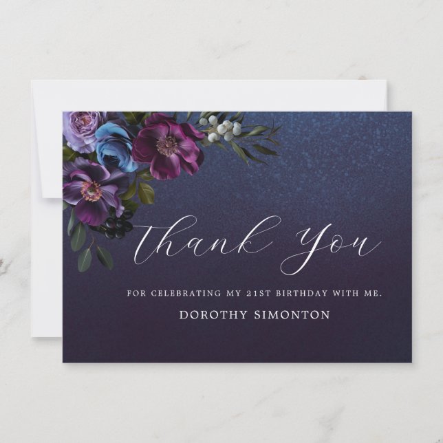 Moody Purple Flowers 21st Birthday Thank You Card (Front)
