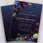 Moody Purple Flowers 40th Birthday Party Invitation<br><div class="desc">Deep purple flowers with pops of white and blue create a moody winter palette. They are nestled in dark green and black foliage. The dark blue watercolor background gives it a gothic vibe and frames the flowers perfectly. It also makes the white text pop. This 40th birthday invitation is downloadable...</div>