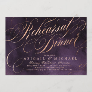 Moody purple gold calligraphy rehearsal dinner invitation