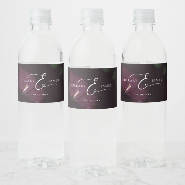 Moody Purple Gothic Blooms Wedding Water Bottle Label (Bottles)