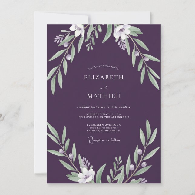 Moody Purple Leafy Wedding Invitation (Front)