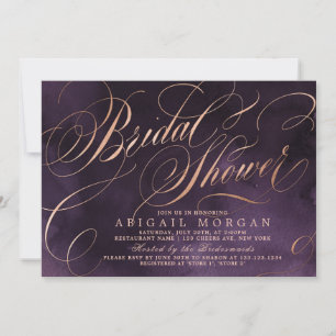 Moody purple rose gold calligraphy Bridal Shower Invitation