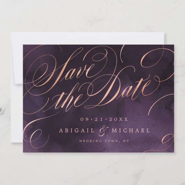 Moody purple rose gold calligraphy save the date (Front)