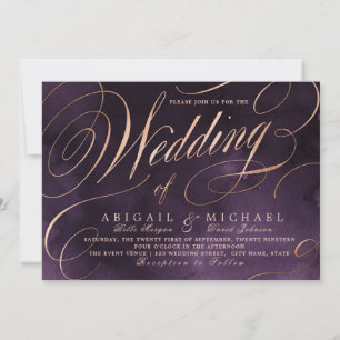 Moody purple rose gold calligraphy vintage wedding invitation